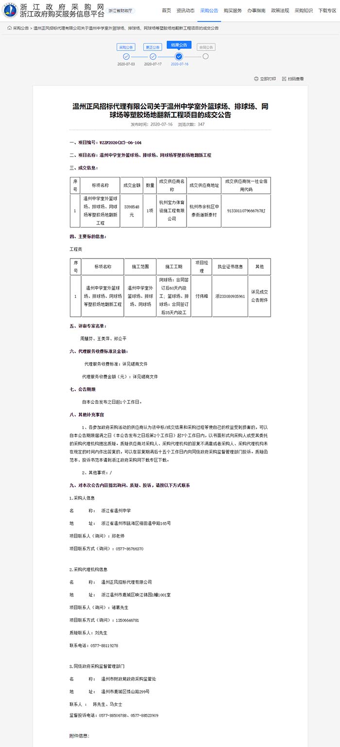 關(guān)于溫州中學(xué)室外籃球場(chǎng)、排球場(chǎng)、網(wǎng)球場(chǎng)等塑膠場(chǎng)地翻新工程項(xiàng)目的成交公告